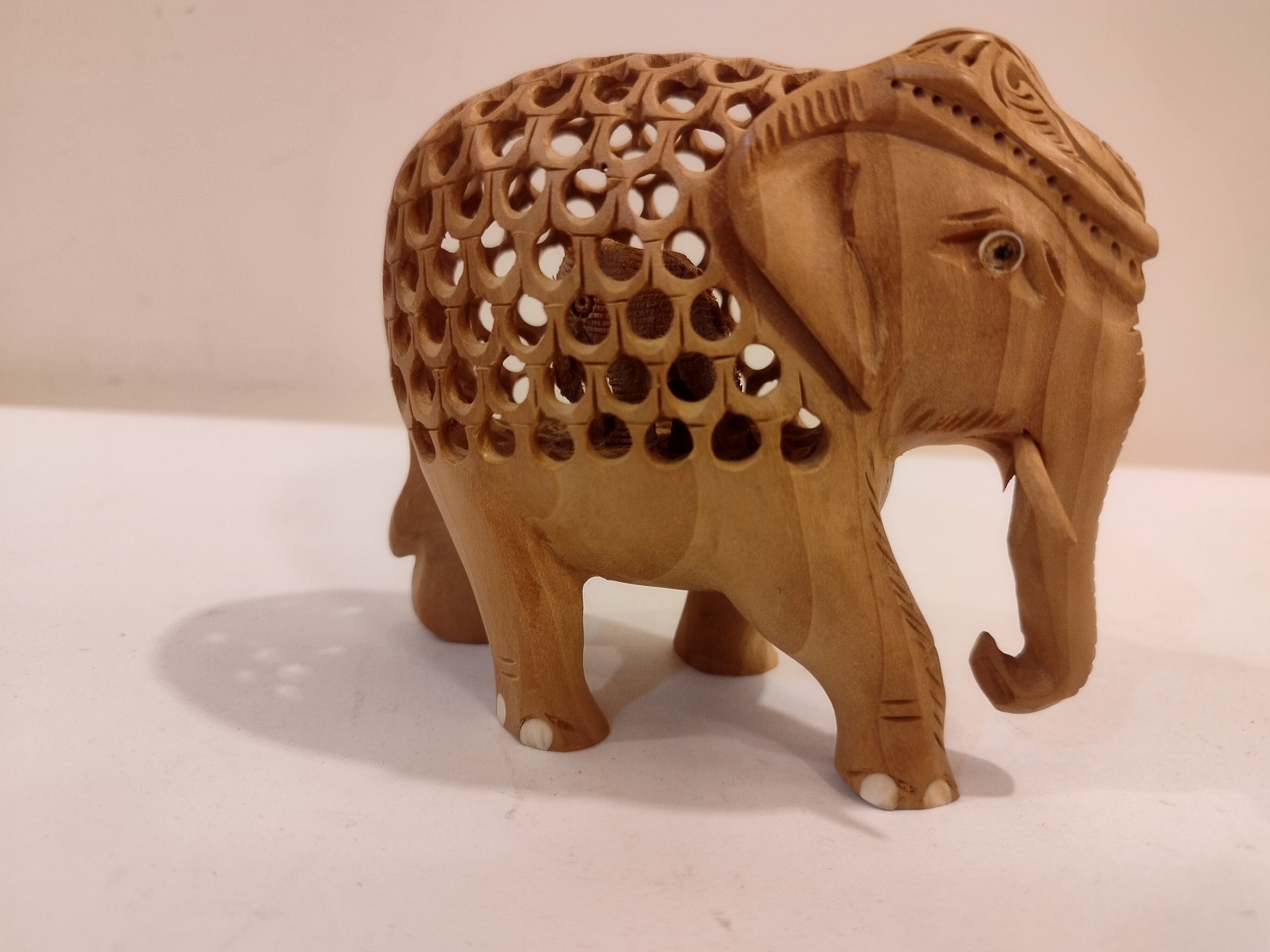 Hand Carved Kadam Wood Elephant Statue: Onyx Inlay- 4 Inches Spiritual Decor
