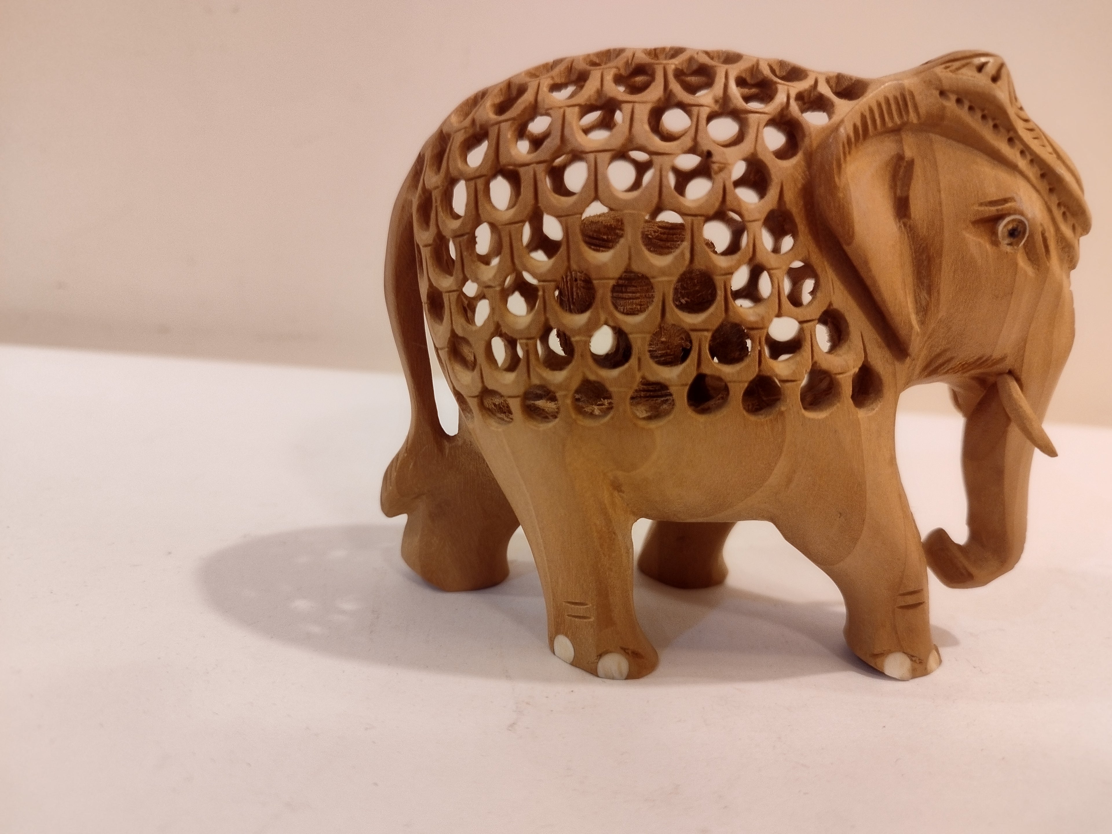 Hand Carved Kadam Wood Elephant Statue: Onyx Inlay- 4 Inches Spiritual Decor
