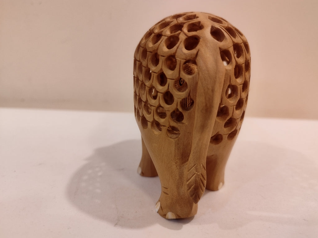 Hand Carved Kadam Wood Elephant Statue: Onyx Inlay- 4 Inches Spiritual Decor