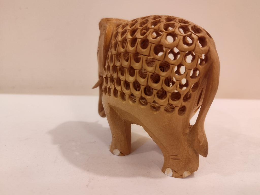 Hand Carved Kadam Wood Elephant Statue: Onyx Inlay- 4 Inches Spiritual Decor