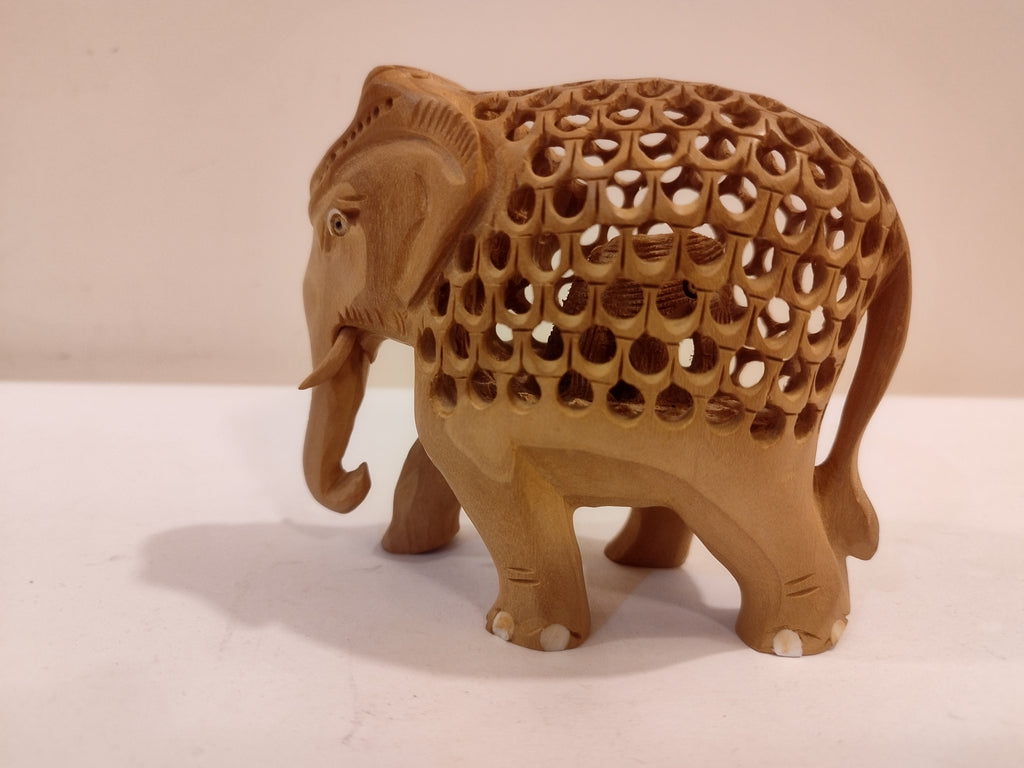 Hand Carved Kadam Wood Elephant Statue: Onyx Inlay- 4 Inches Spiritual Decor