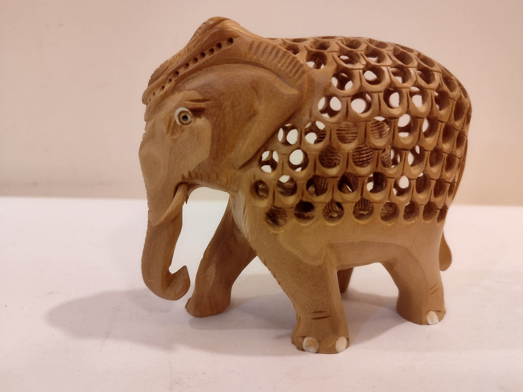 Hand Carved Kadam Wood Elephant Statue: Onyx Inlay- 4 Inches Spiritual Decor