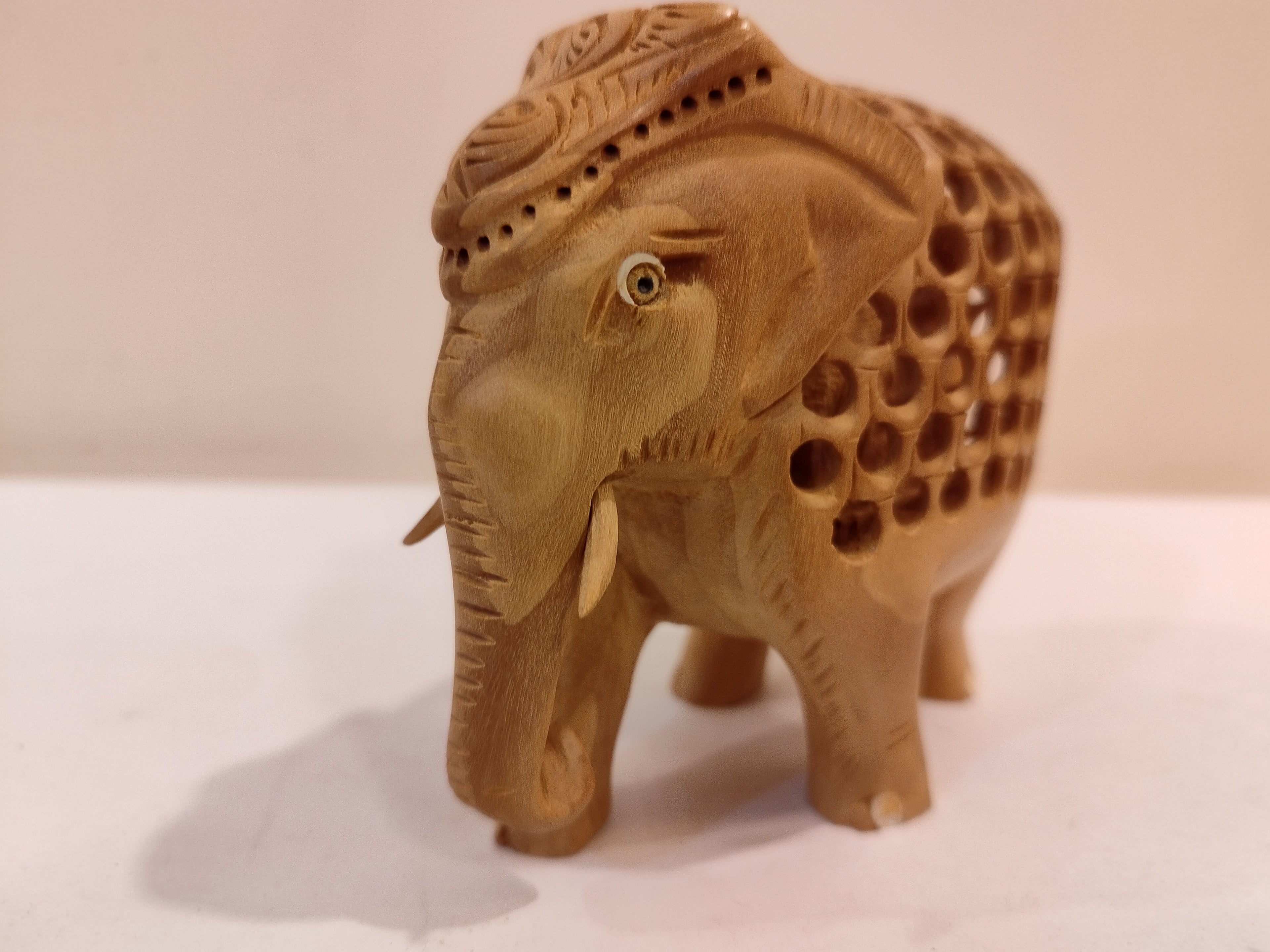 Hand Carved Kadam Wood Elephant Statue: Onyx Inlay- 4 Inches Spiritual Decor