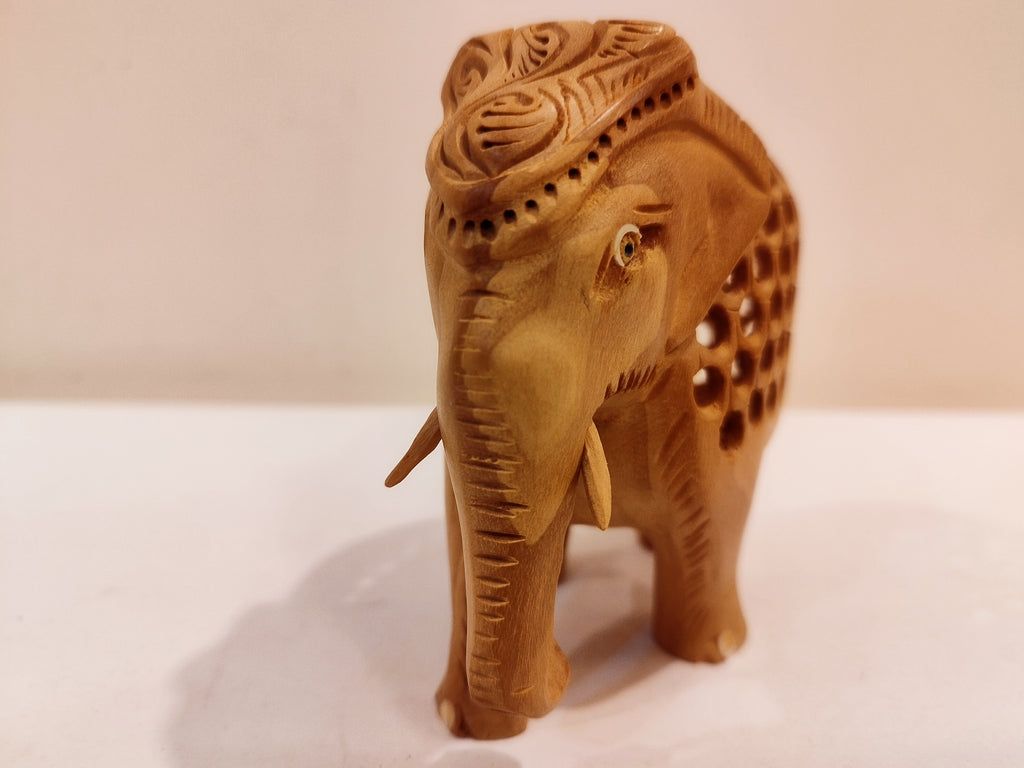 Hand Carved Kadam Wood Elephant Statue: Onyx Inlay- 4 Inches Spiritual Decor