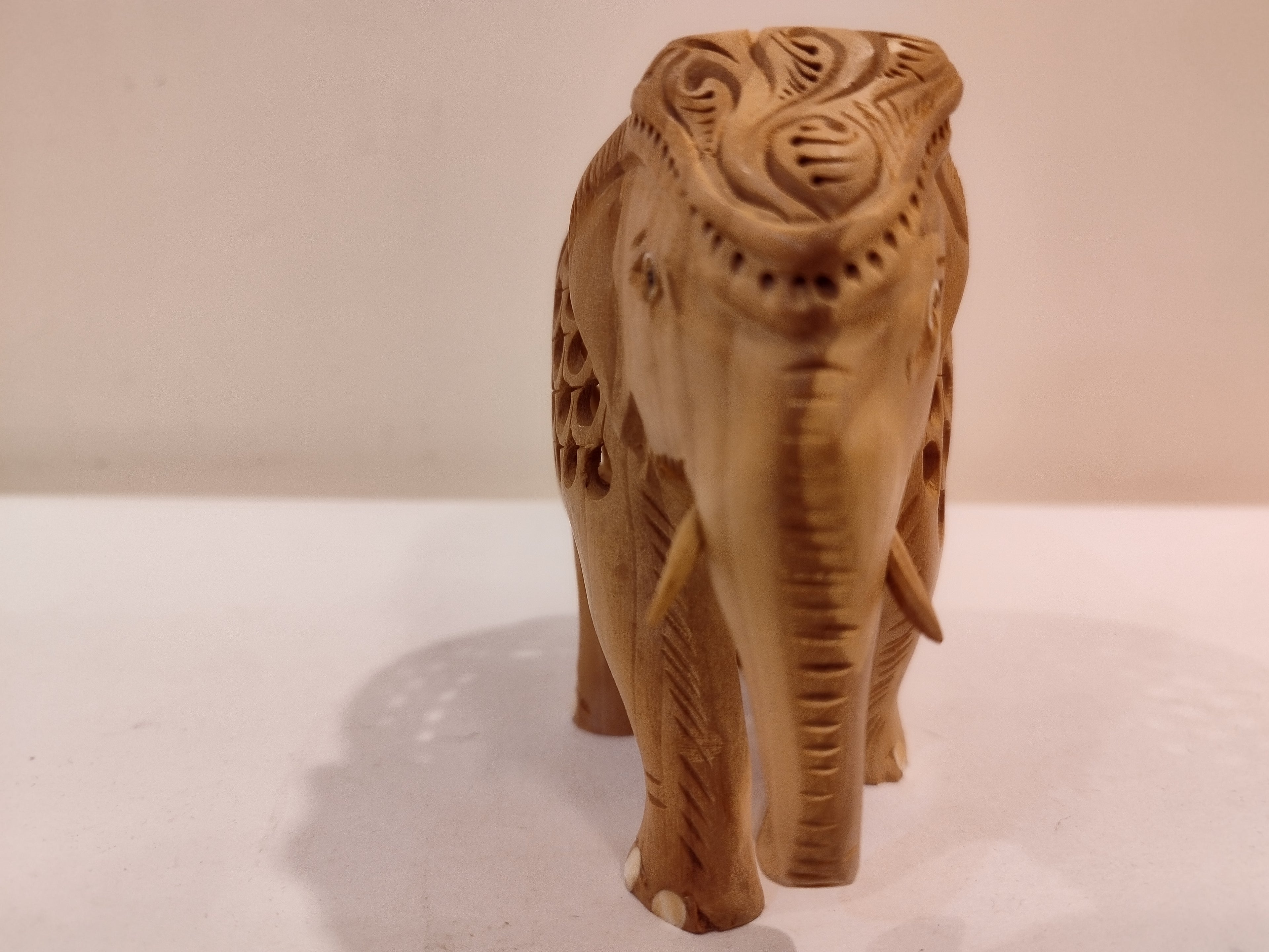 Hand Carved Kadam Wood Elephant Statue: Onyx Inlay- 4 Inches Spiritual Decor