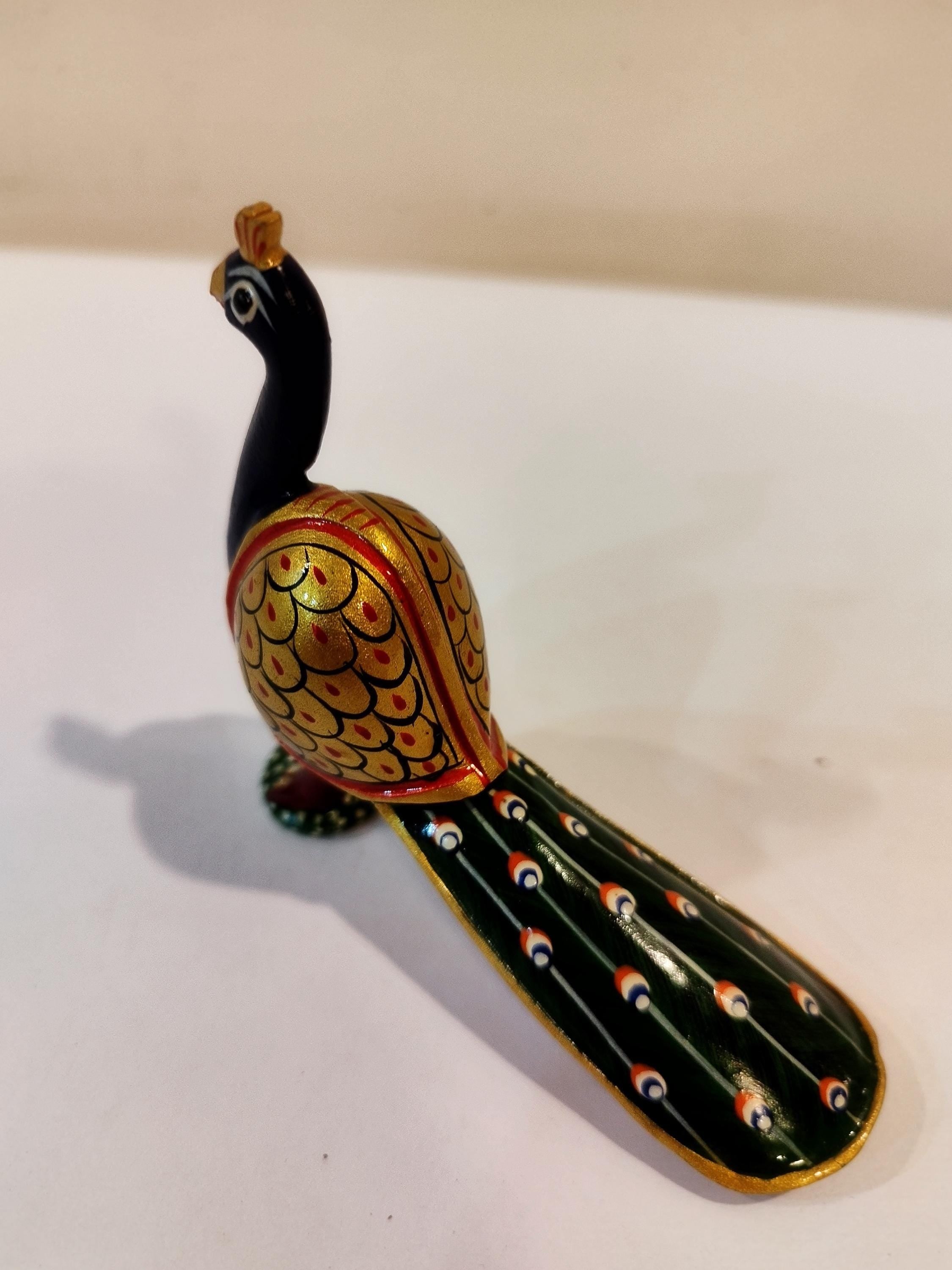 Handcrafted kadam wood peacock figurine spiritual home decor