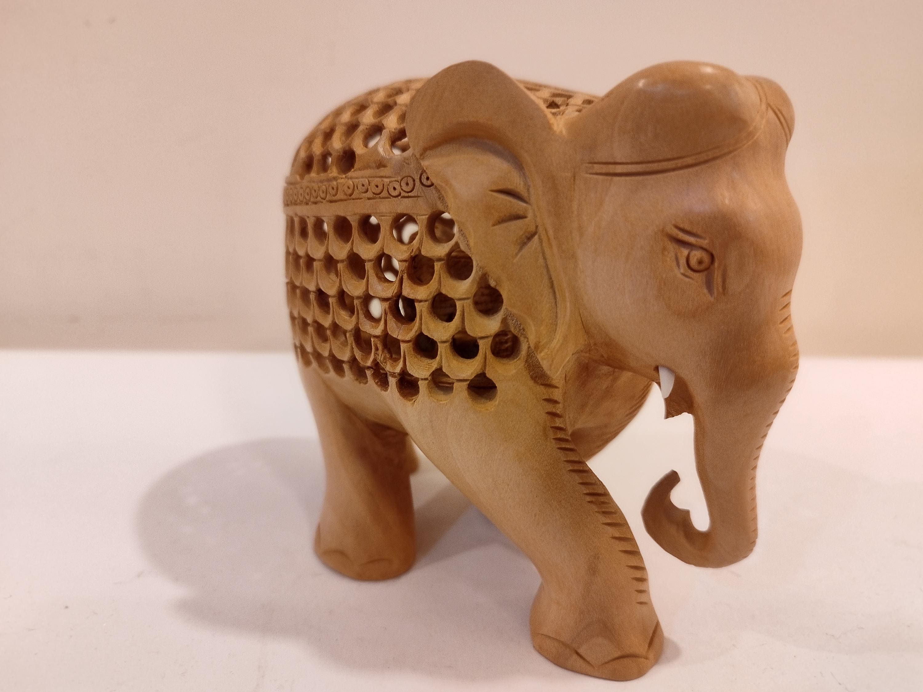 Mother and Baby in a Hand-Carved Kadam Wood Elephant Sculpture with Onyx Inlay