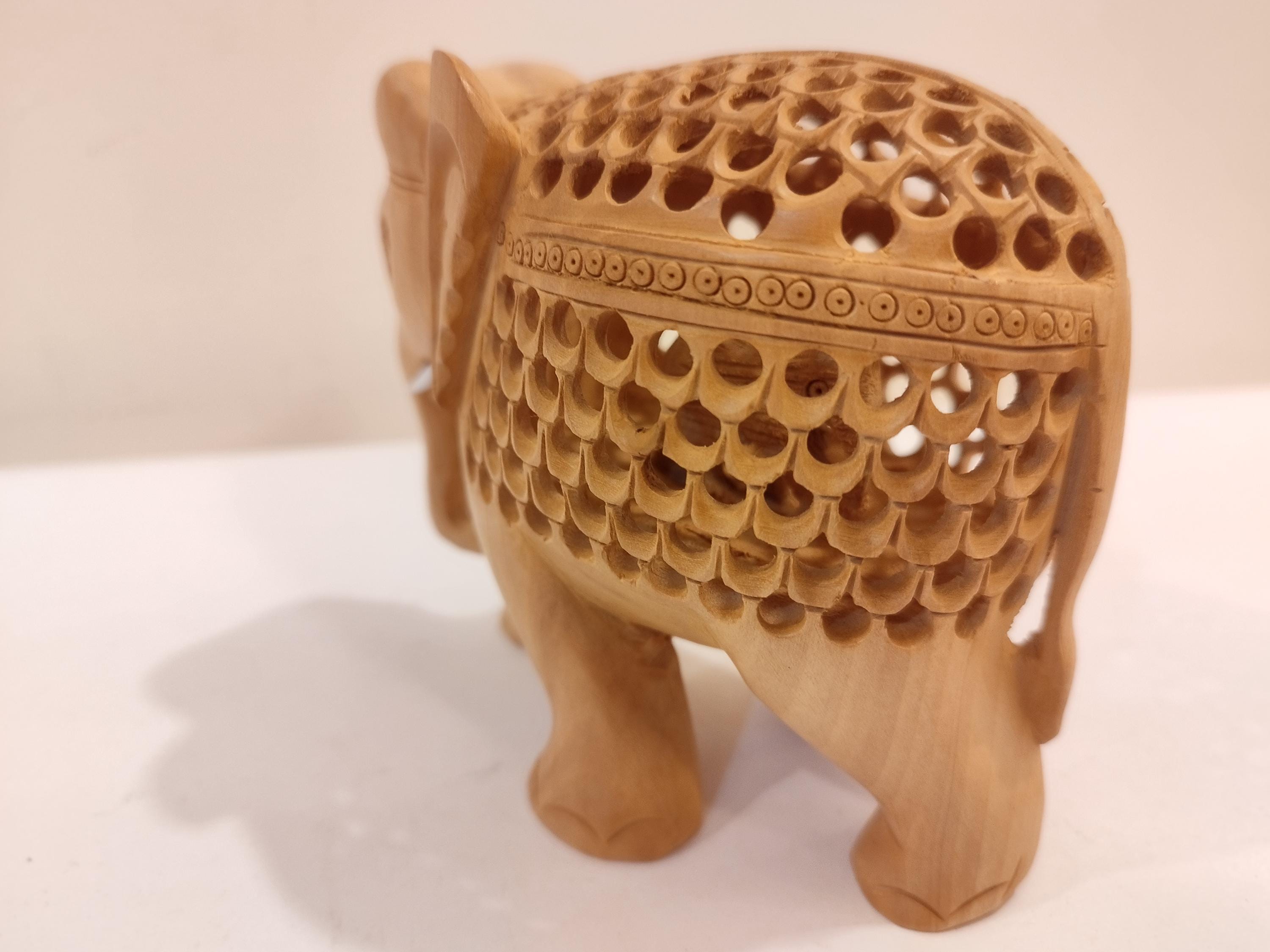 Mother and Baby in a Hand-Carved Kadam Wood Elephant Sculpture with Onyx Inlay