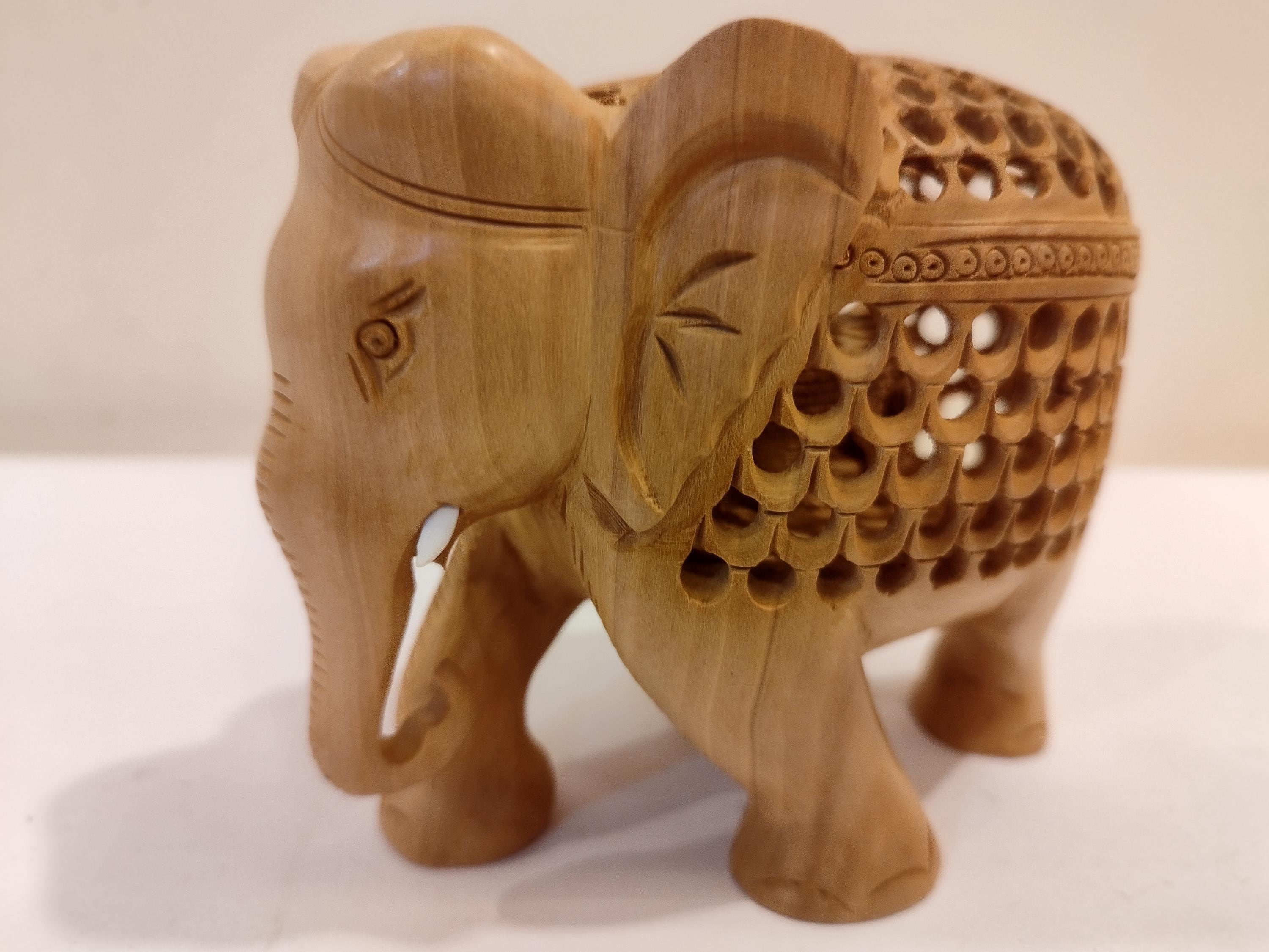 Mother and Baby in a Hand-Carved Kadam Wood Elephant Sculpture with Onyx Inlay