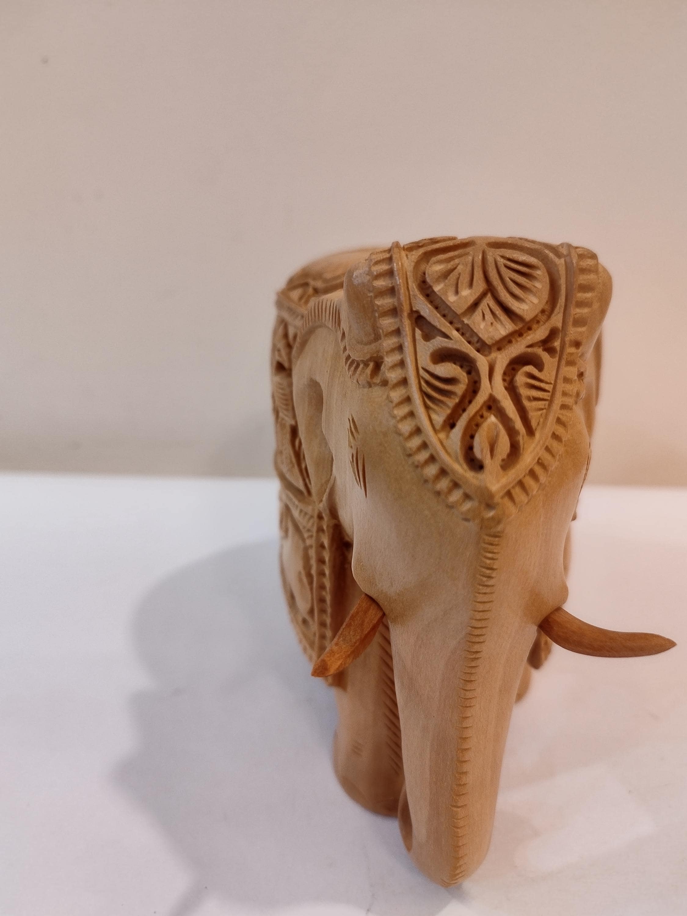 Handcrafted Kadam Wood Elephant with peacock and elephant Sculpture – Spiritual Home Decor, 5 Inches