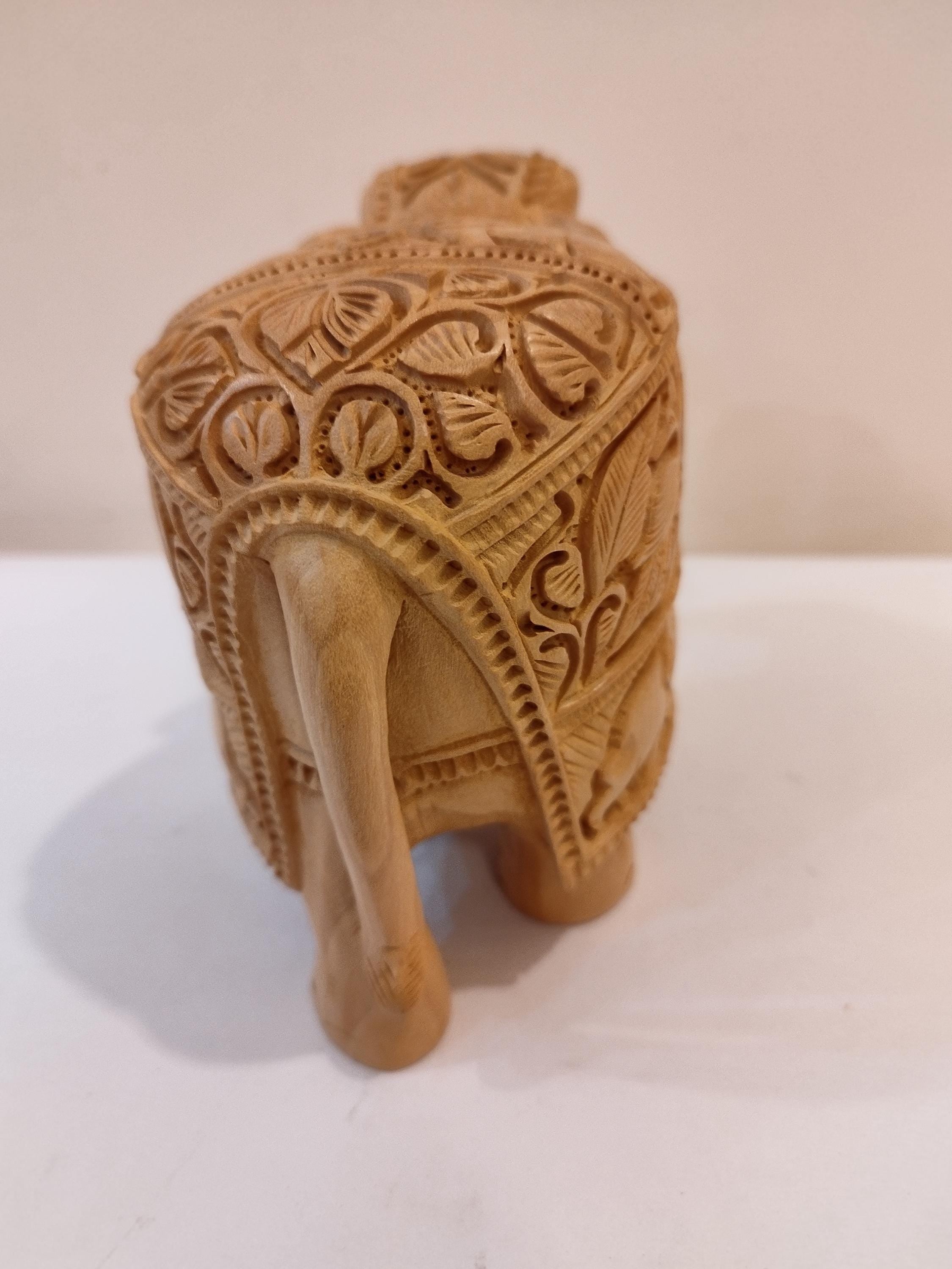 Handcrafted Kadam Wood Elephant with peacock and elephant Sculpture – Spiritual Home Decor, 5 Inches