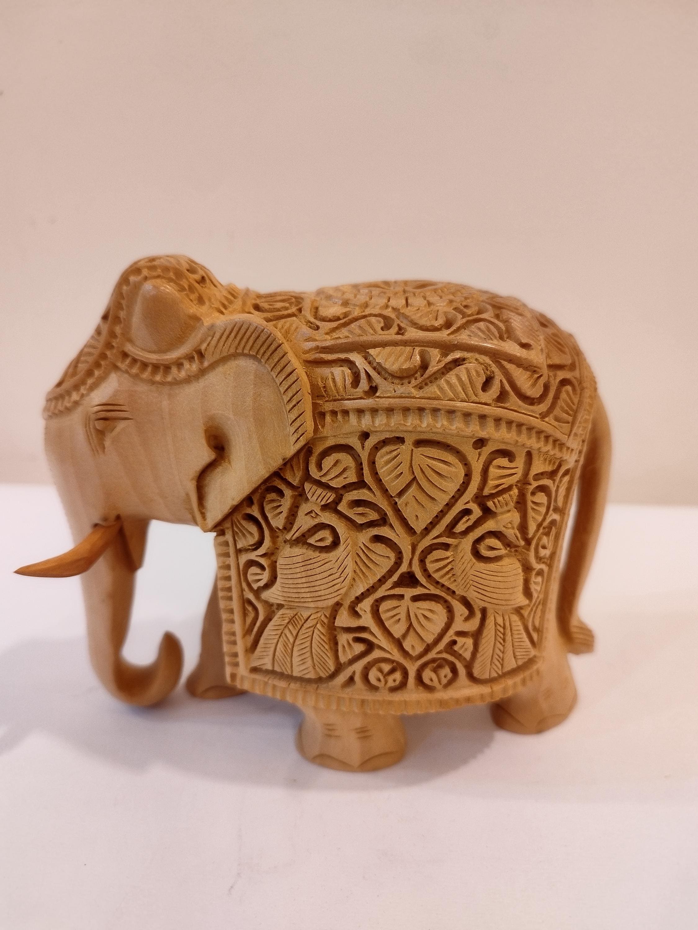 Handcrafted Kadam Wood Elephant with Peacock Sculpture 5 Inches – Spiritual Home Decor