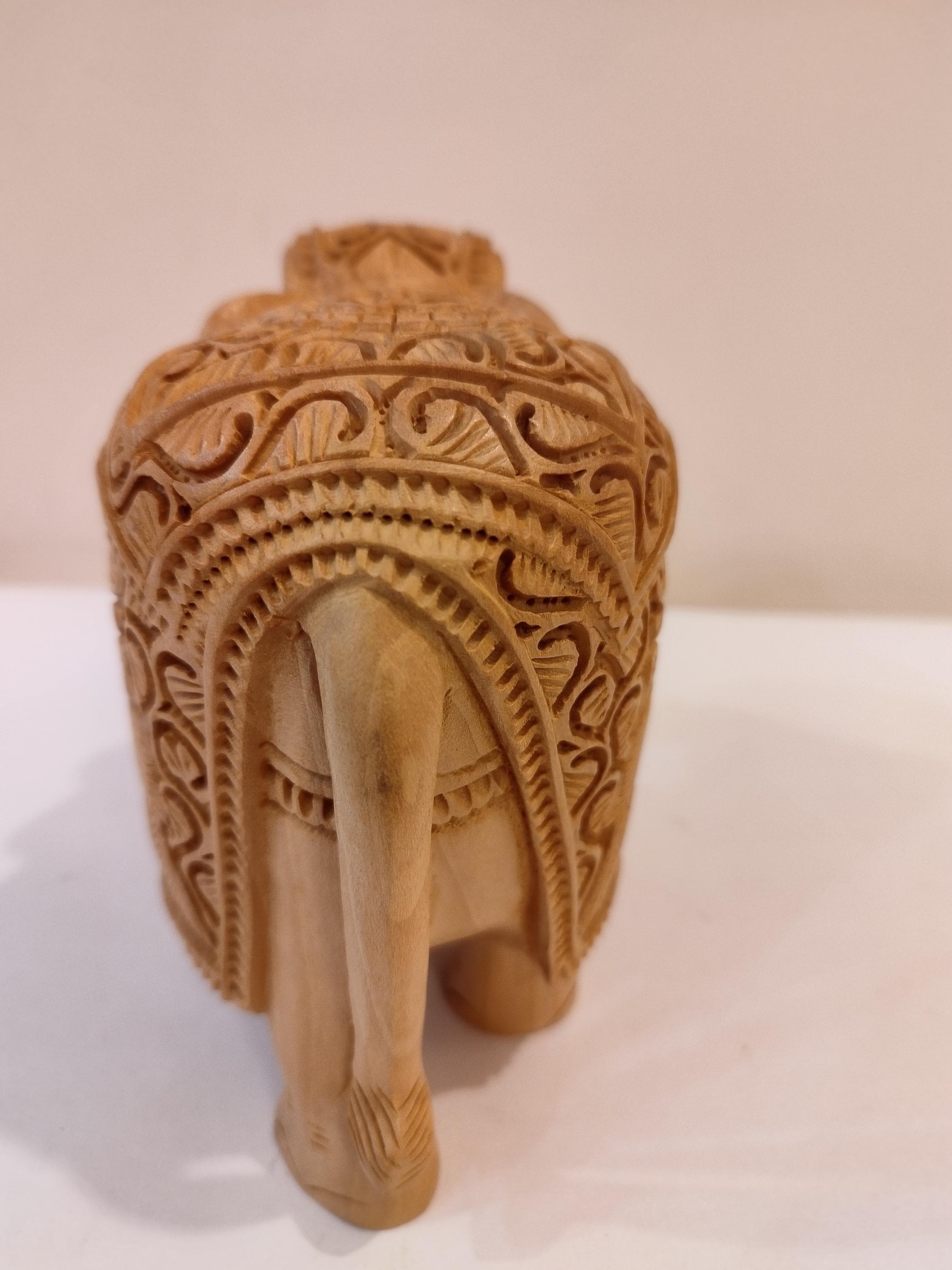 Handcrafted Kadam Wood Elephant with Peacock Sculpture 5 Inches – Spiritual Home Decor