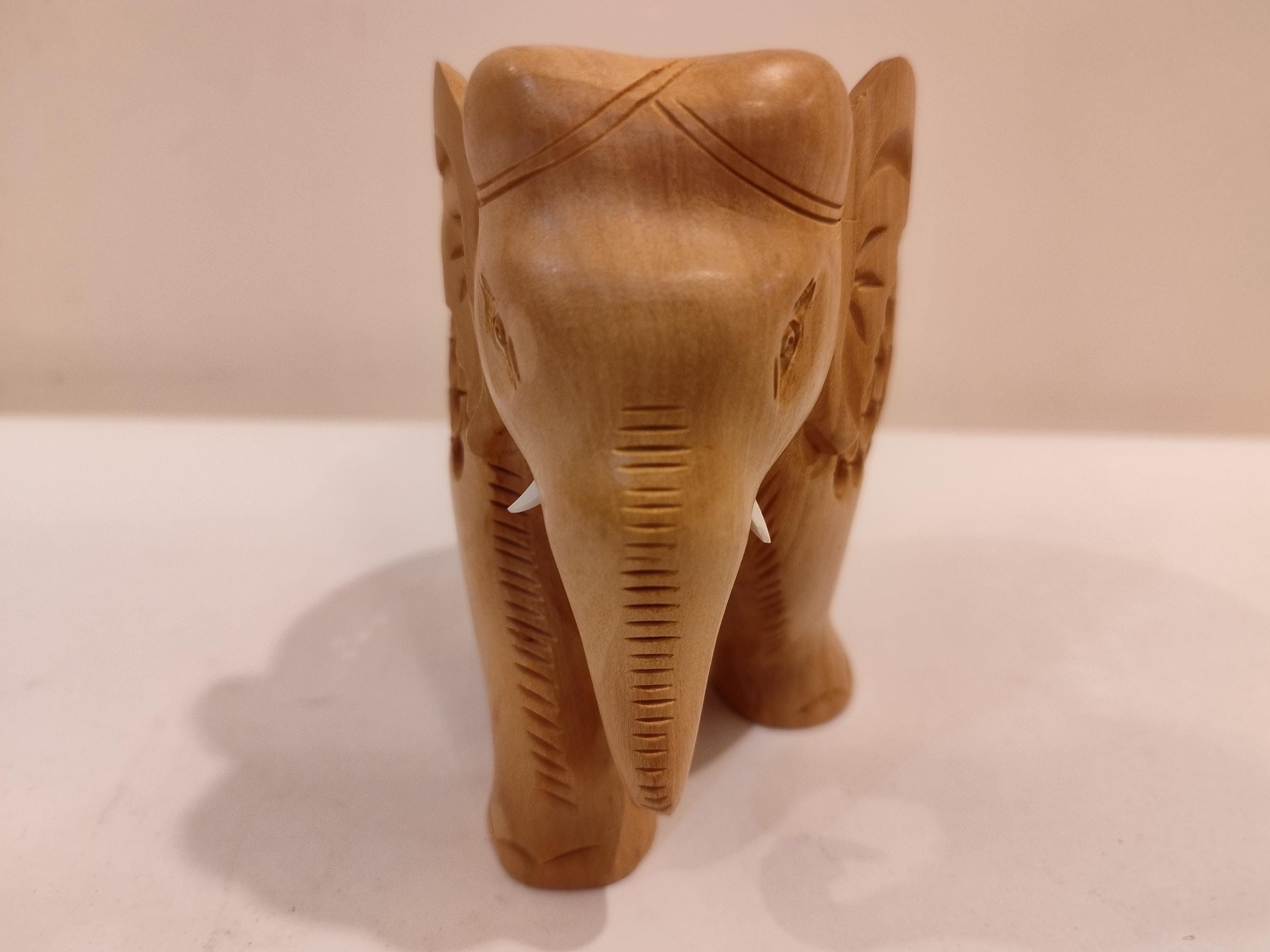 Mother and Baby in a Hand-Carved Kadam Wood Elephant Sculpture with Onyx Inlay