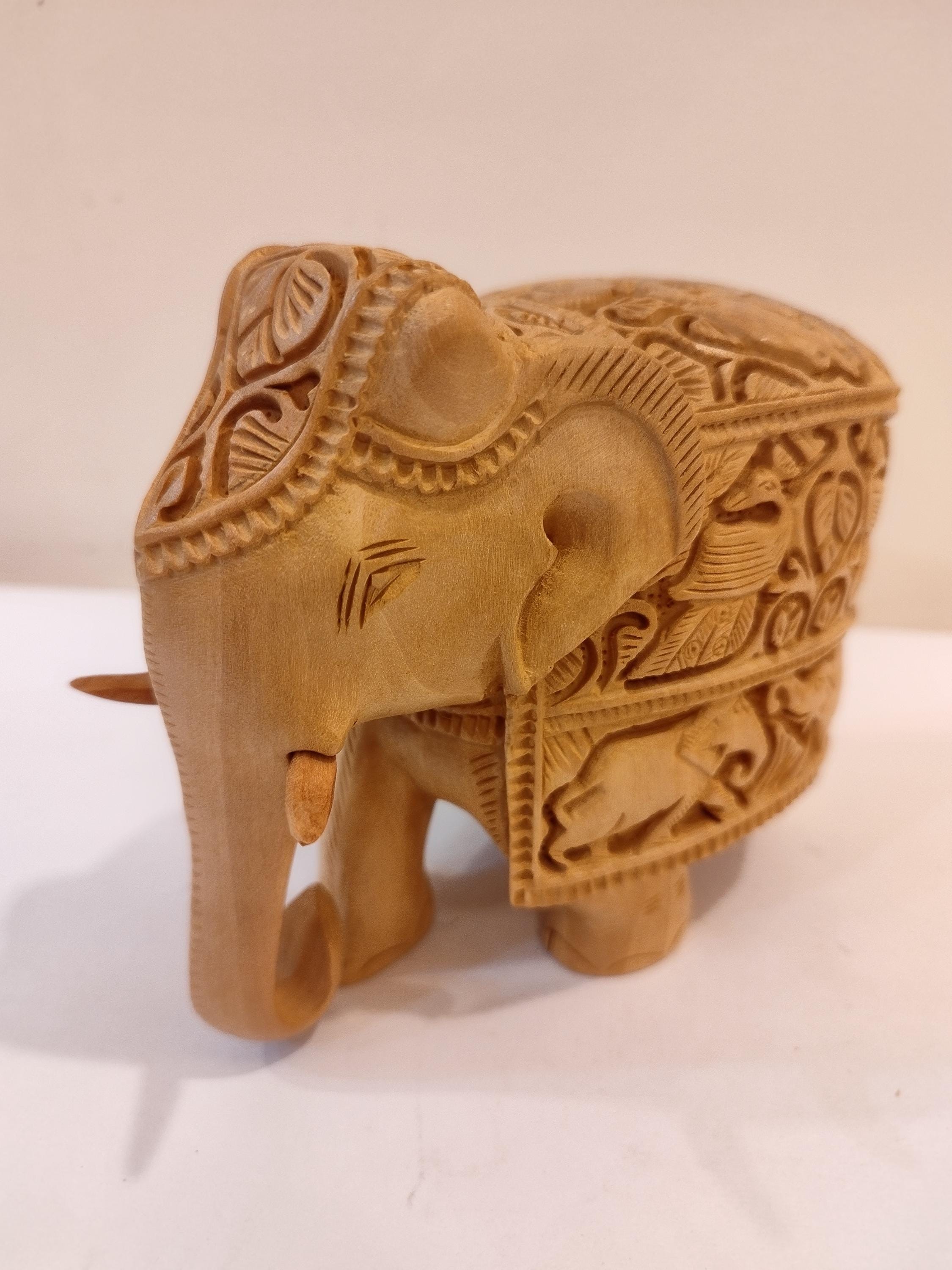 Handcrafted Kadam Wood Elephant with peacock and elephant Sculpture – Spiritual Home Decor, 5 Inches