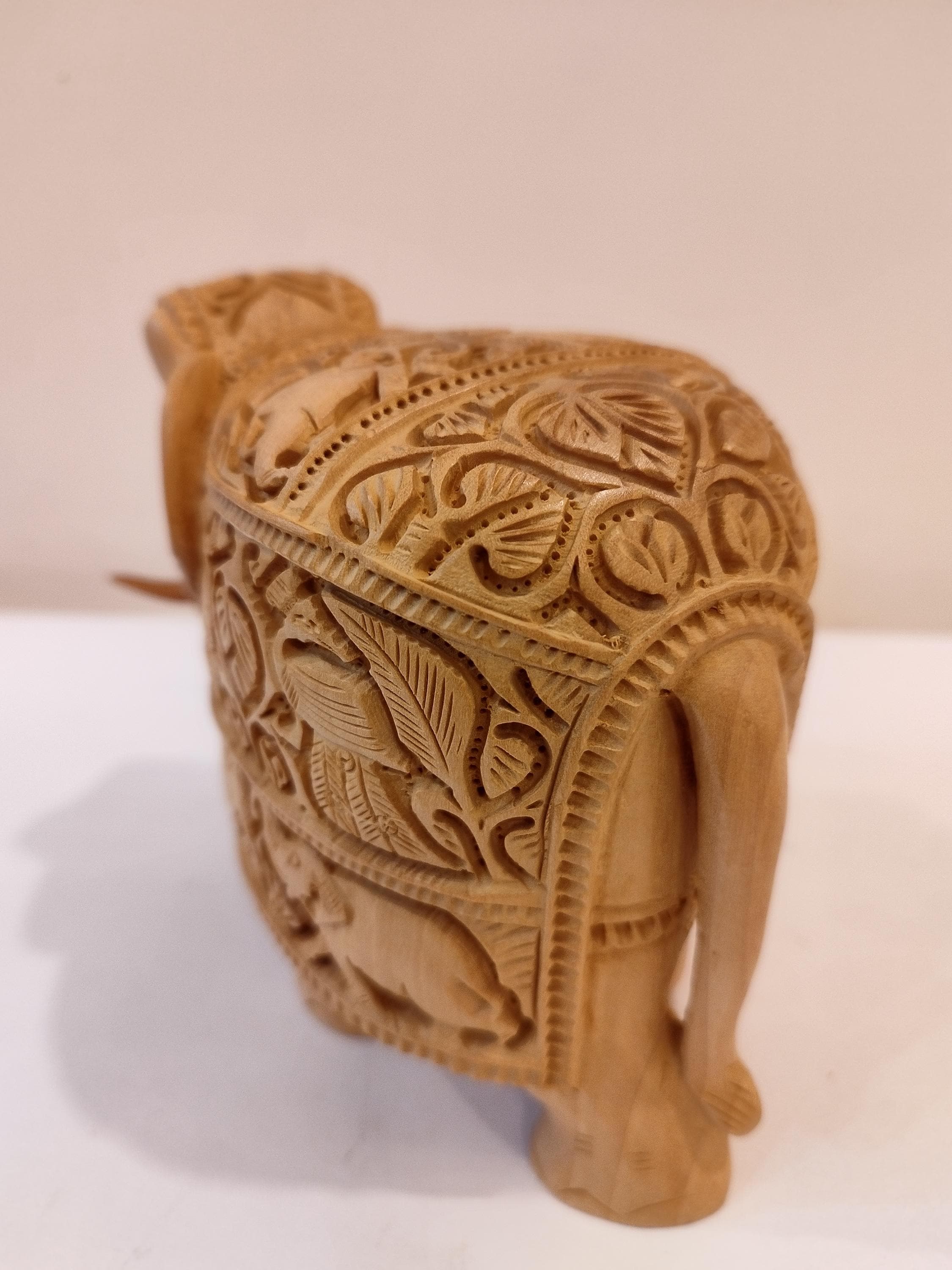 Handcrafted Kadam Wood Elephant with peacock and elephant Sculpture – Spiritual Home Decor, 5 Inches