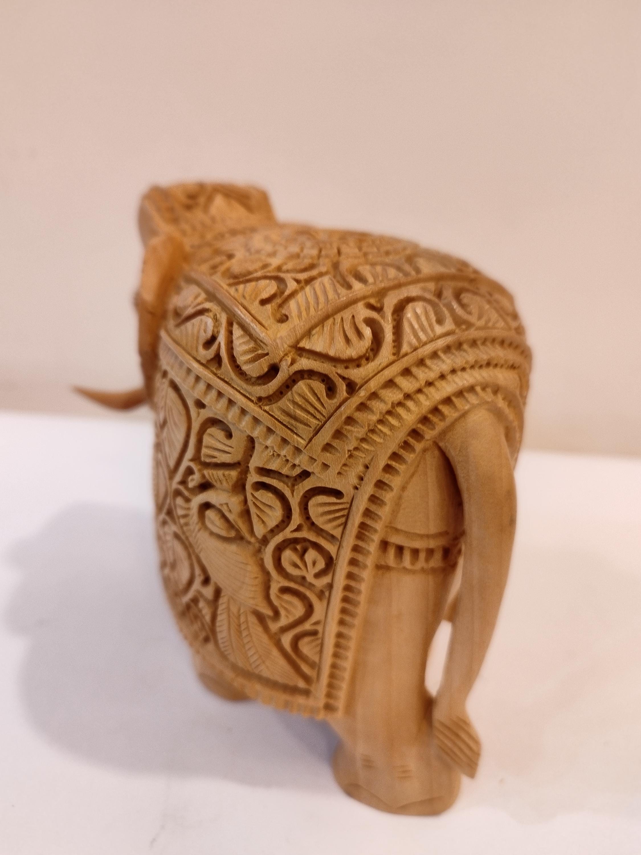 Handcrafted Kadam Wood Elephant with Peacock Sculpture 5 Inches – Spiritual Home Decor