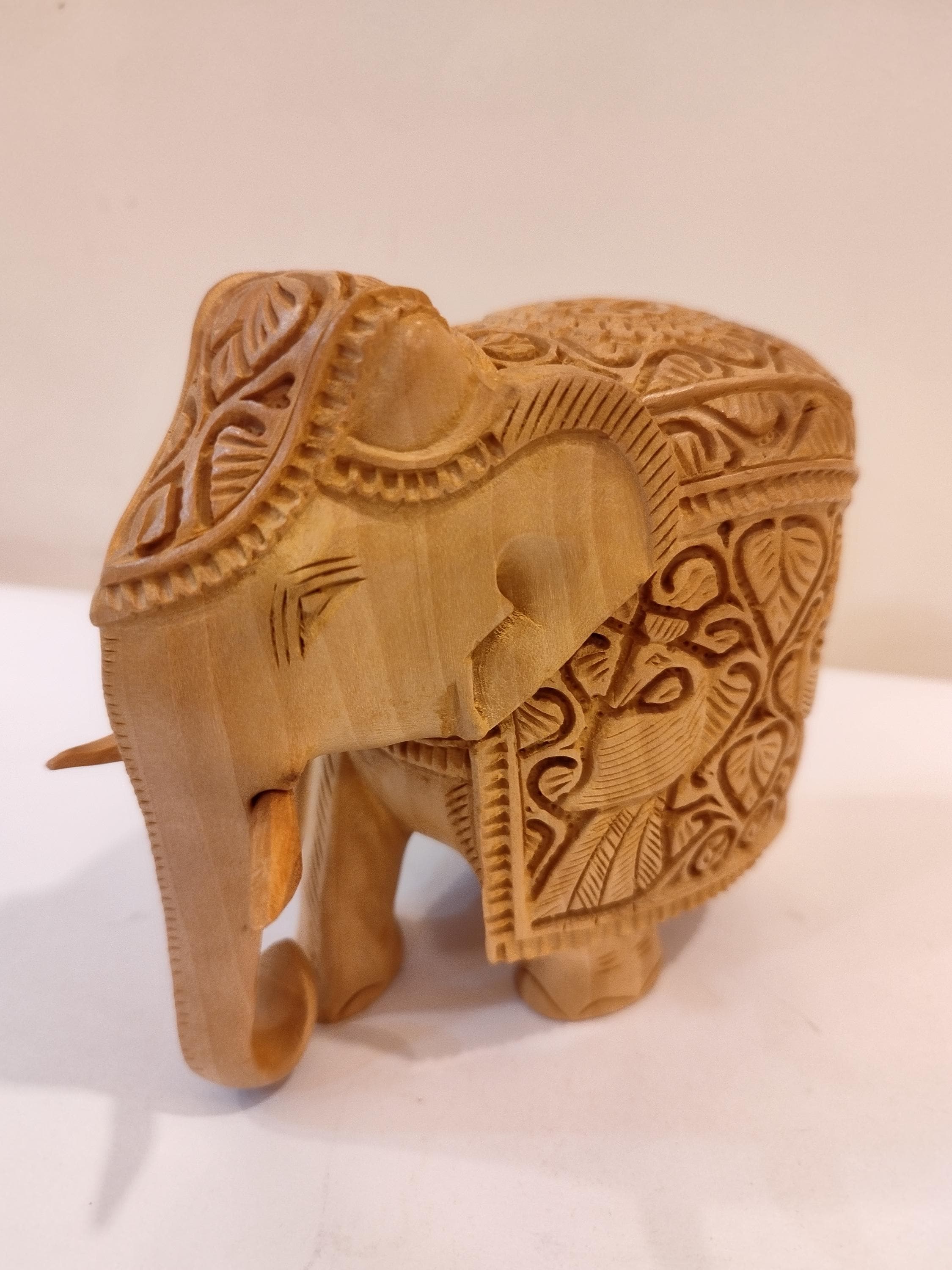 Handcrafted Kadam Wood Elephant with Peacock Sculpture 5 Inches – Spiritual Home Decor