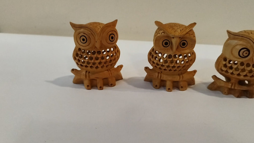 Hand Carved wooden owl family Mother and baby Onyx Inlay three pieces, three inches.