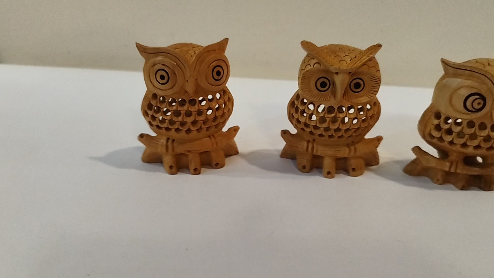Hand Carved wooden owl family Mother and baby Onyx Inlay three pieces, three inches.