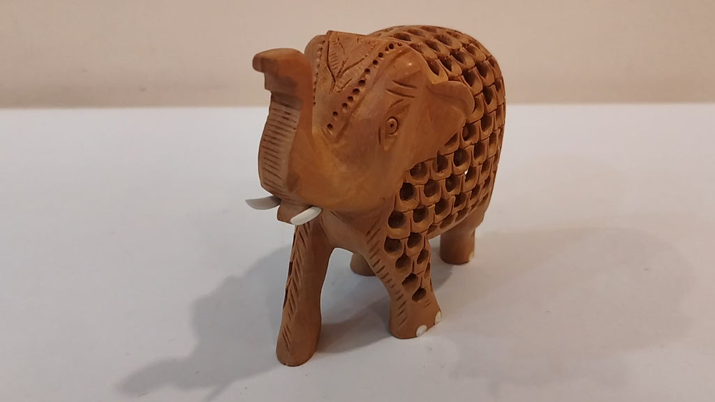 Hand Carved Kadam Wood Elephant mother and baby Onyx Inlay up trunk - 4 inches: Spiritual Decor