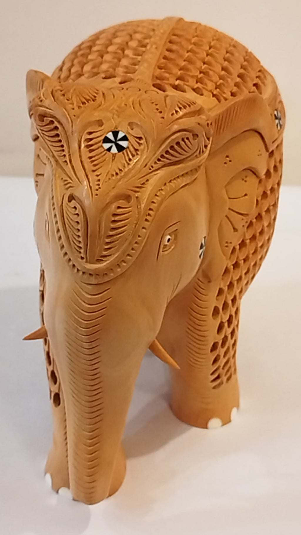 Mother and Baby in a Hand-Carved Kadam Wood Elephant Sculpture with Onyx Inlay Down Trunk