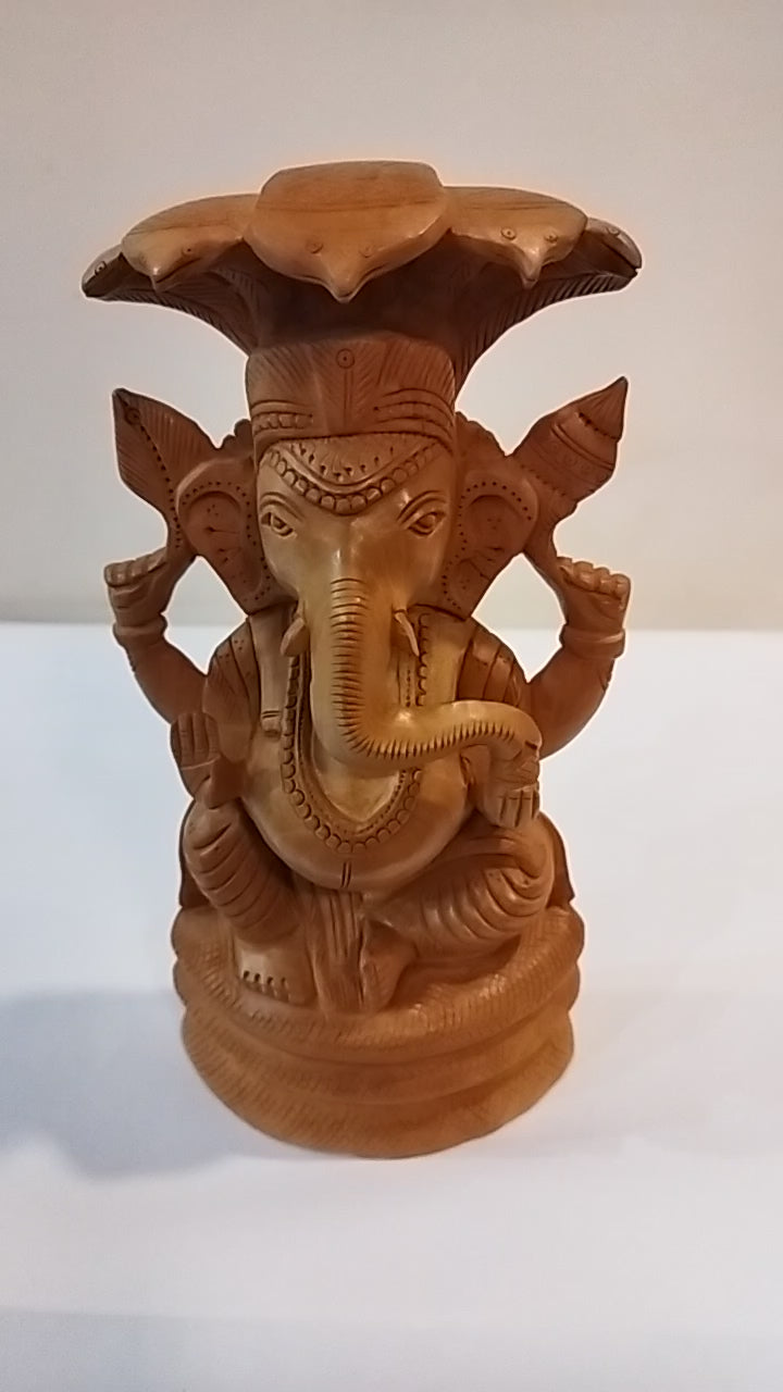 Handmade Kadamba Wood Lord Ganesha Statue with Serpent (Snake)