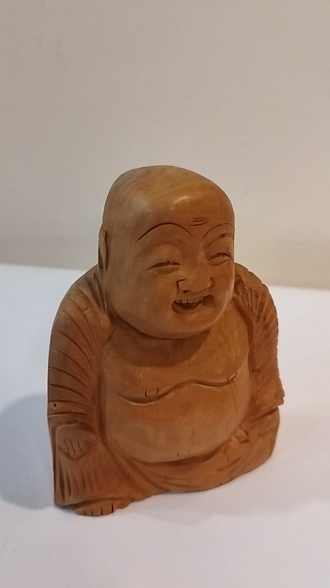 Handcrafted Oily Wood Laughing Buddha Statue
